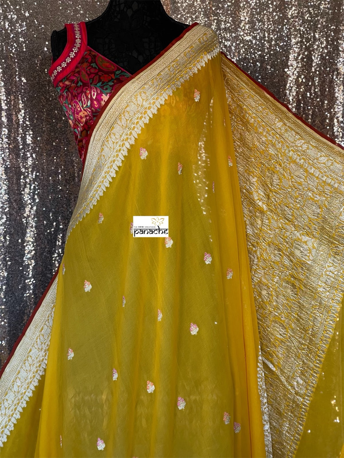 Khaddi Georgette Banarasi - Yellow Red Khadhua Woven