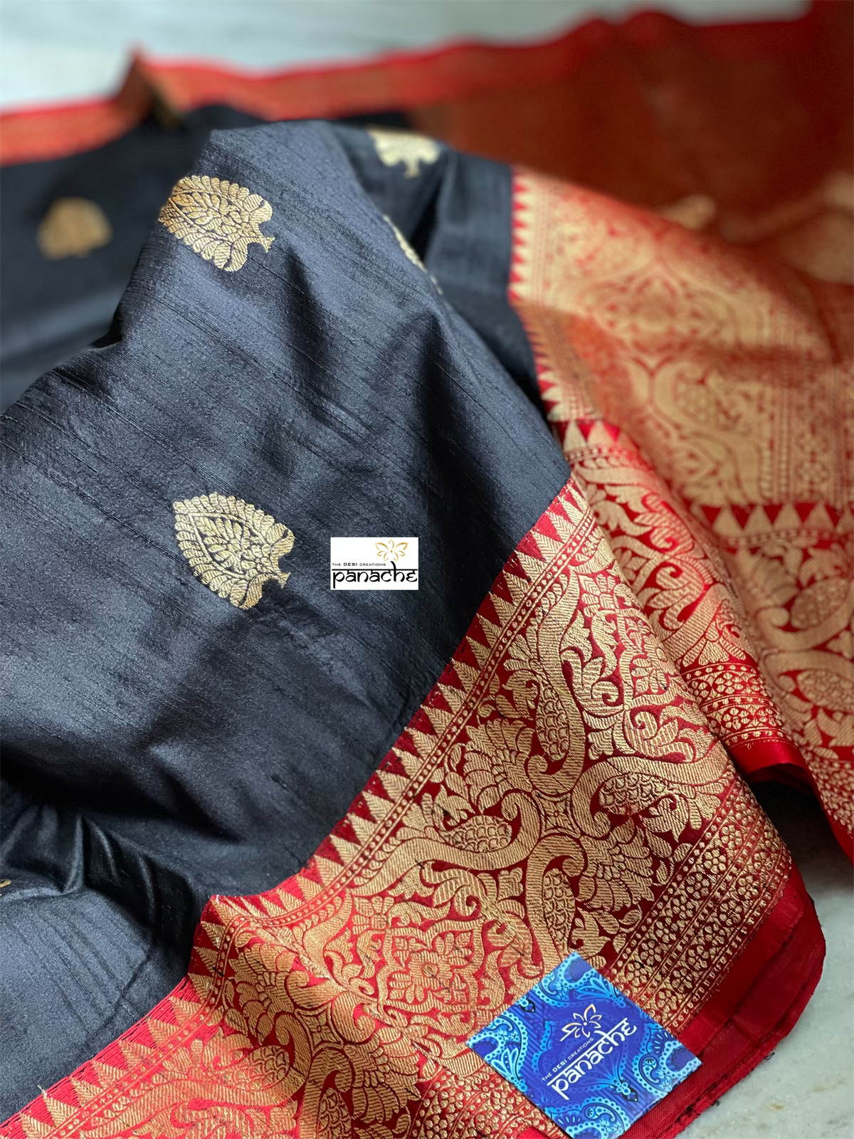 Pure Tussar Silk Banarasi - Black Red