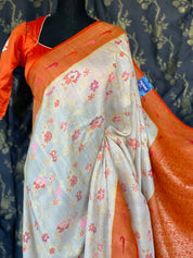 Khaddi Tussar Banarasi - Tilfi woven Beige Orange Multi Meenakari