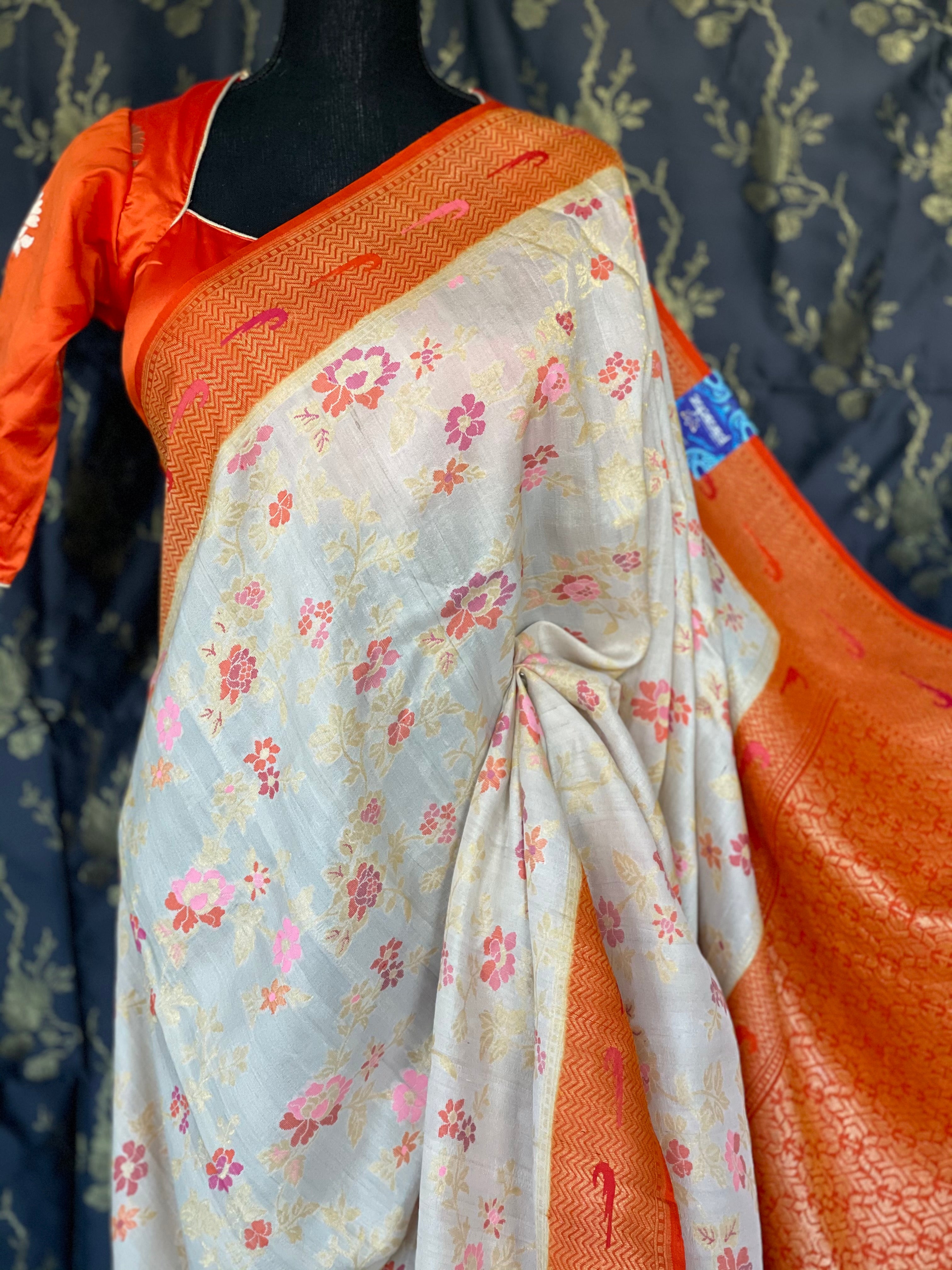 Khaddi Tussar Banarasi - Tilfi woven Beige Orange Multi Meenakari
