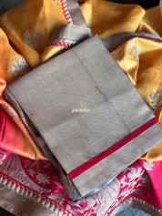 Designer Tussar Silk - Golden Yellow Raspberry Red