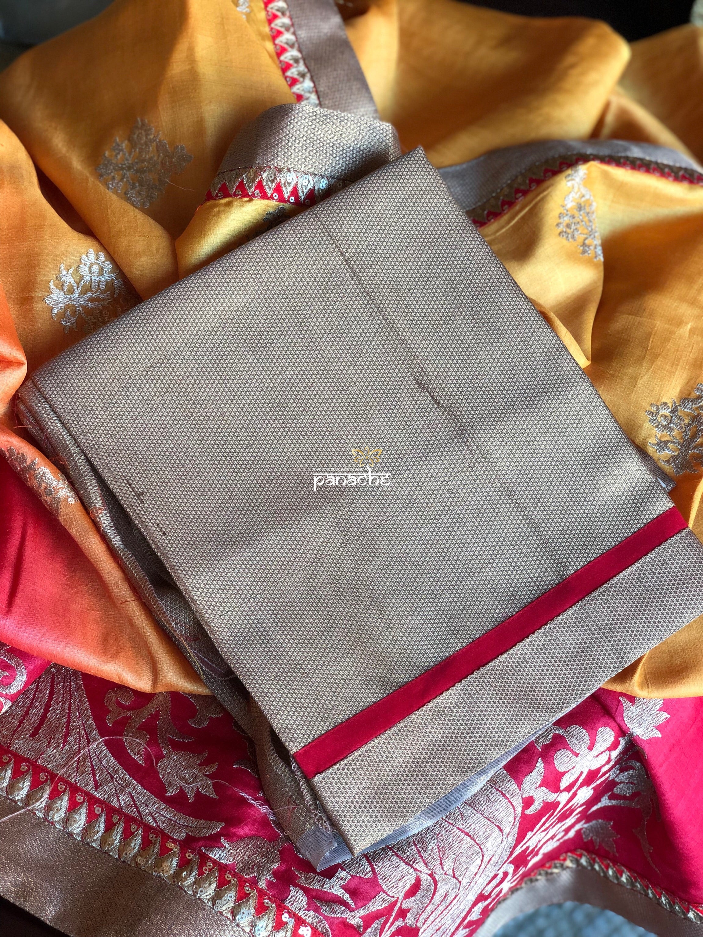 Designer Tussar Silk - Golden Yellow Raspberry Red