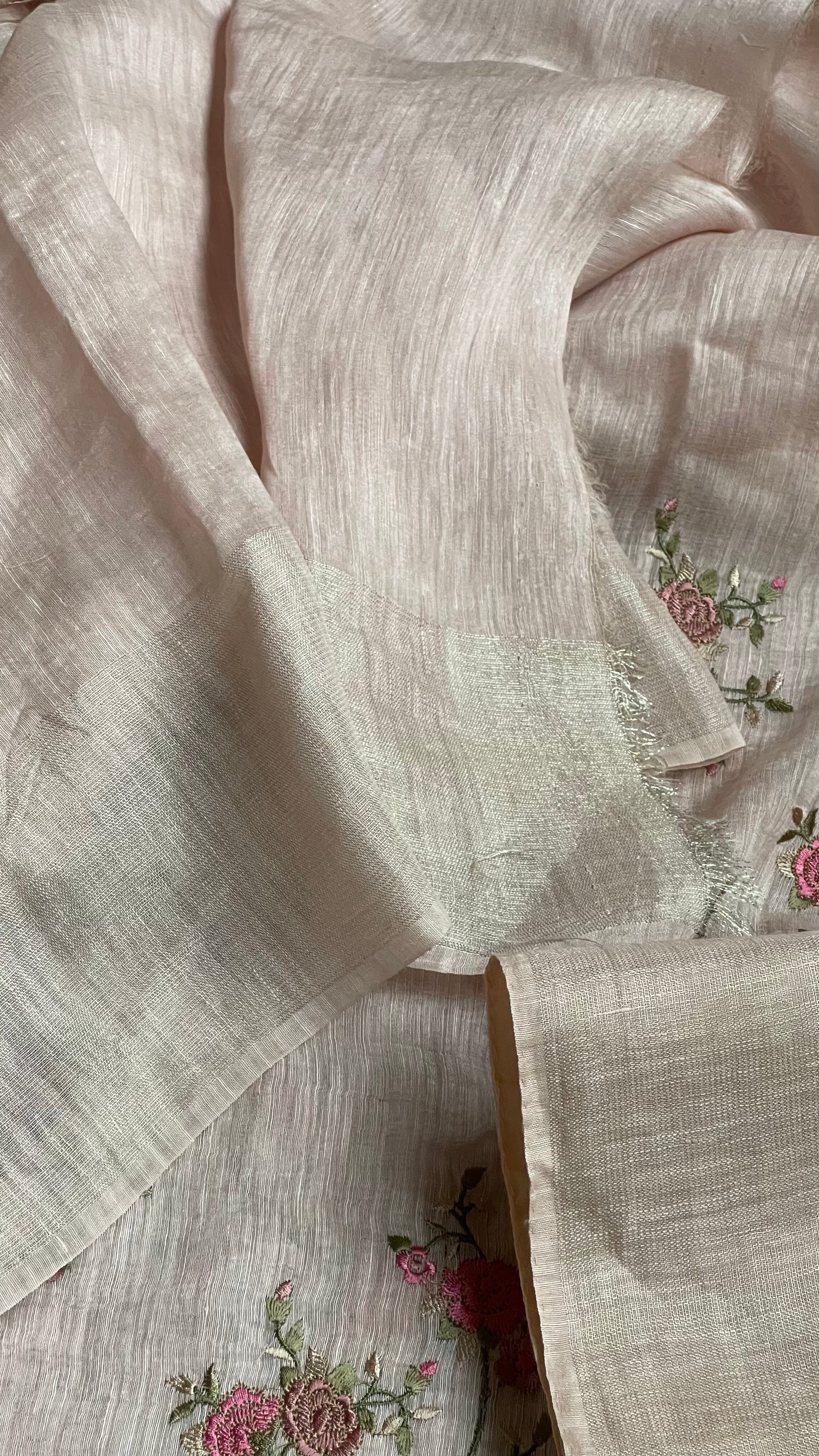 Embroidered Linen Silk- Blush Pink