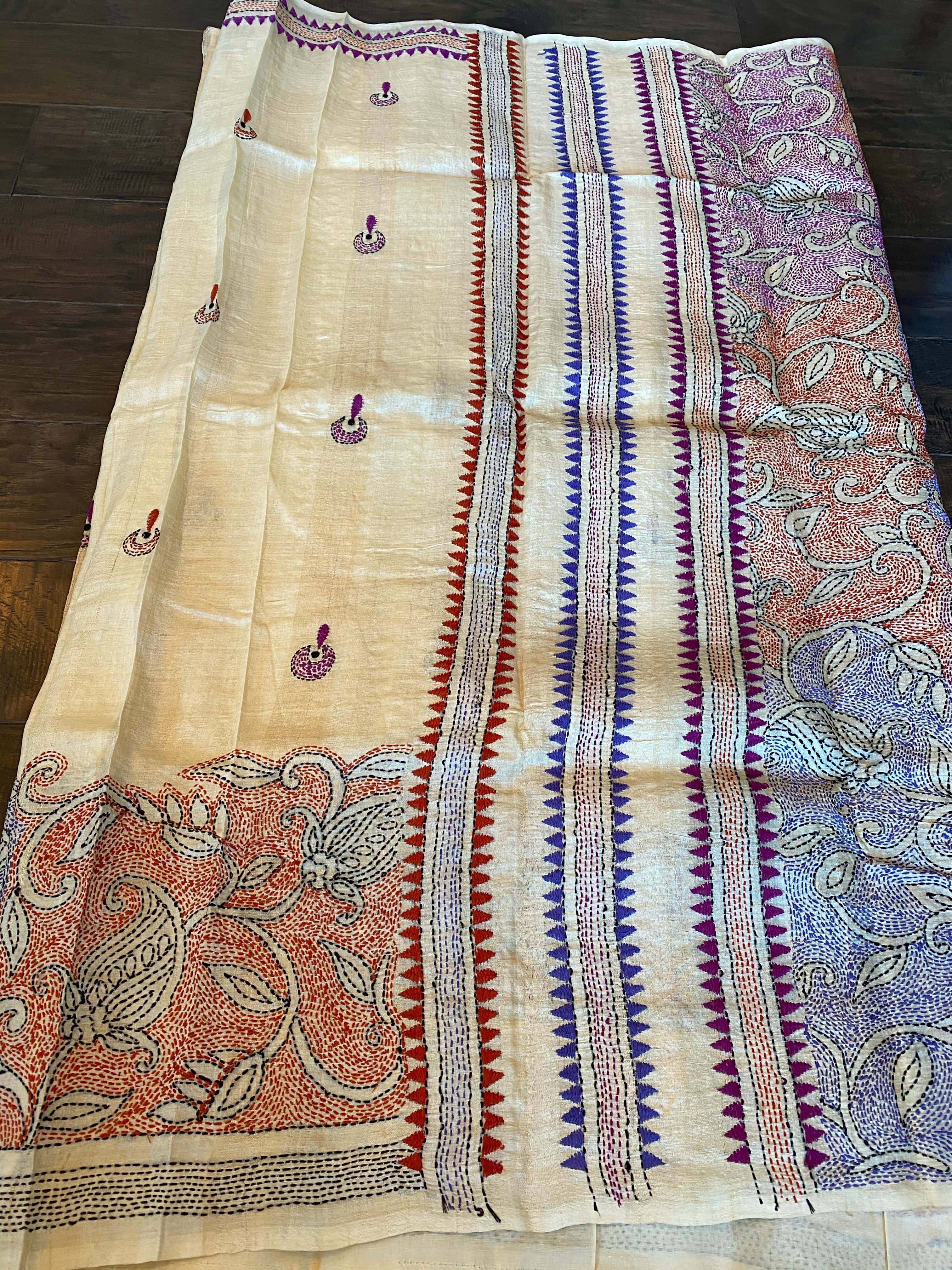 Pure Tussar Silk Kantha Stitch - Beige Multi Color