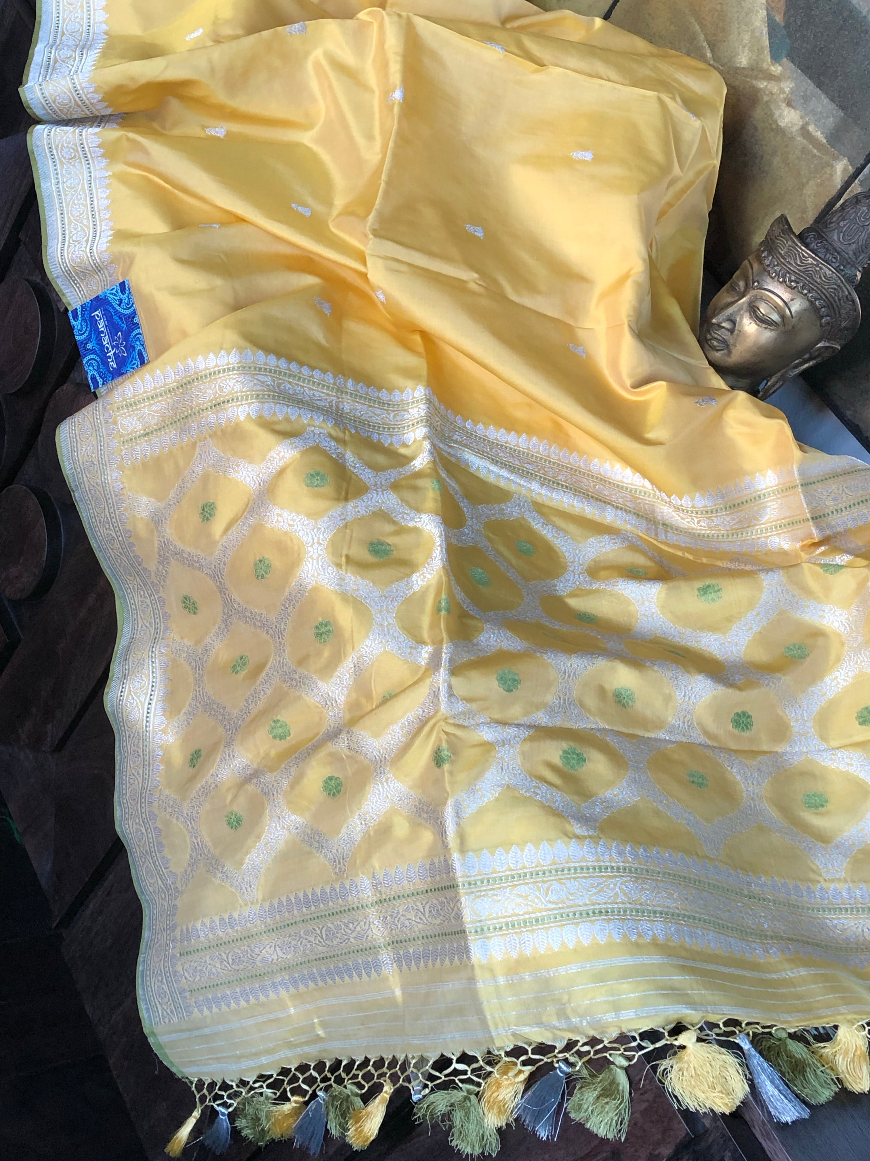 Katan Silk Banarasi - Yellow Kadhwa Woven