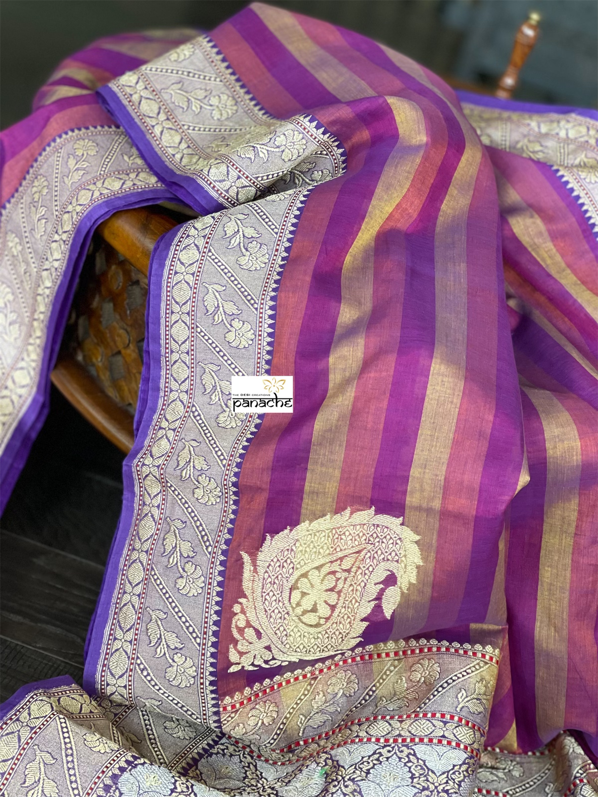 Pure Malmal Cotton Banarasi - Purple Striped Kadwa Zari Woven