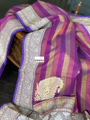Pure Malmal Cotton Banarasi - Purple Striped Kadwa Zari Woven
