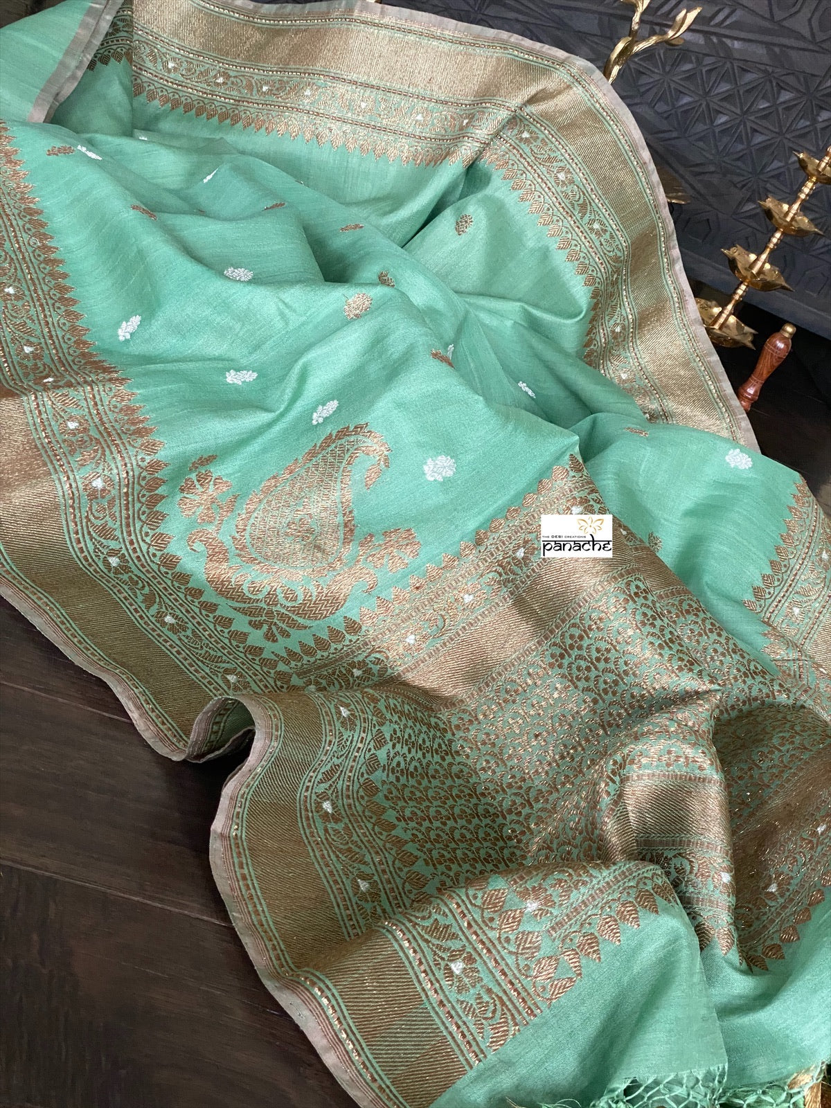 Pure Tassur Silk Banarasi - Light Teal Green Antique Zari