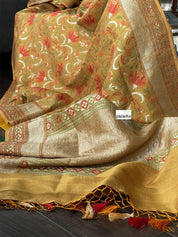 Tussar Georgette Banarasi - Ochre Yellow Green Kadwa