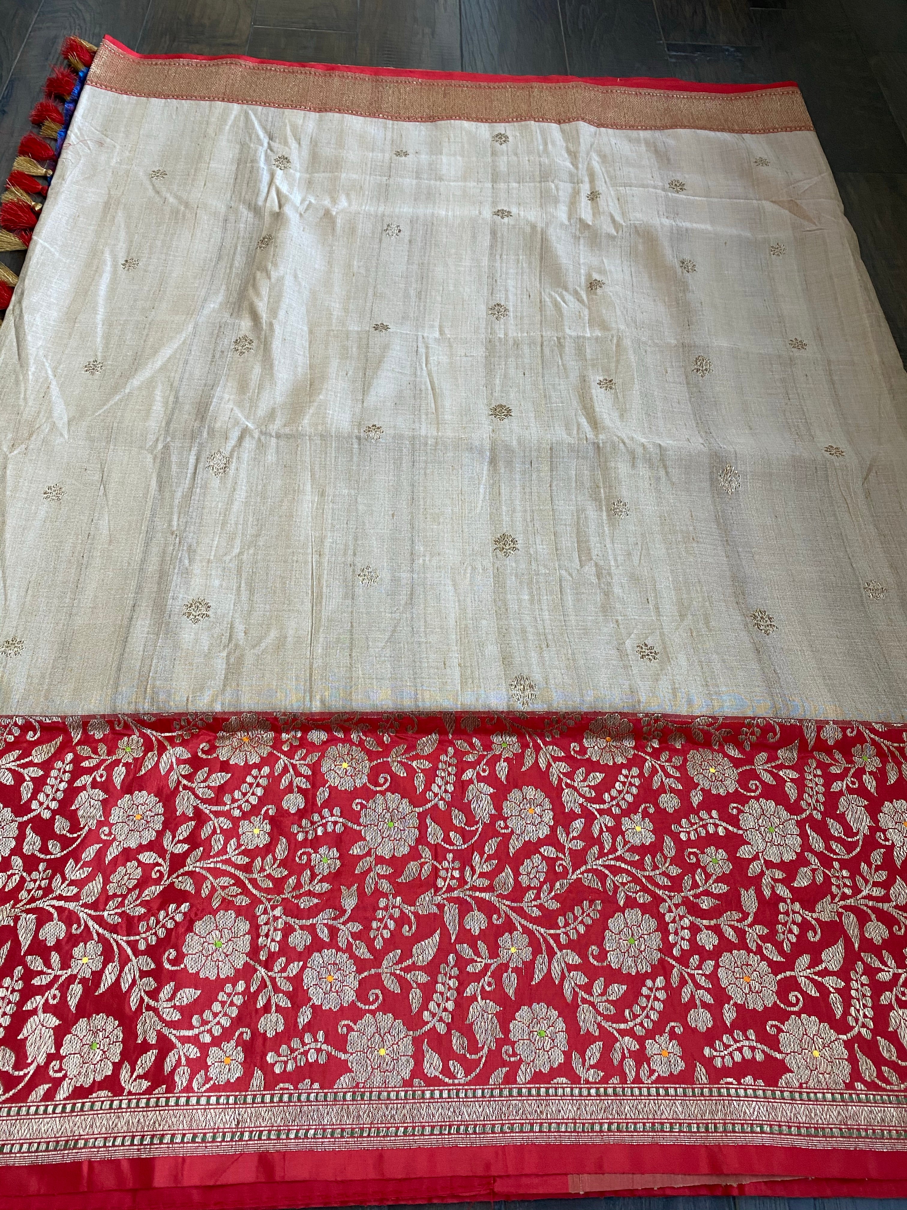 Pure Tassur Silk Banarasi - Beige Tan Red Meenakari
