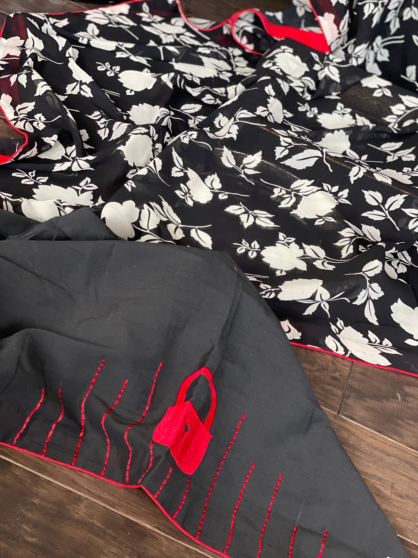Designer Georgette Silk - Black Floral Red
