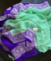 Chiffon Georgette Silk Banarasi - Mint Green Purple Silver Zari