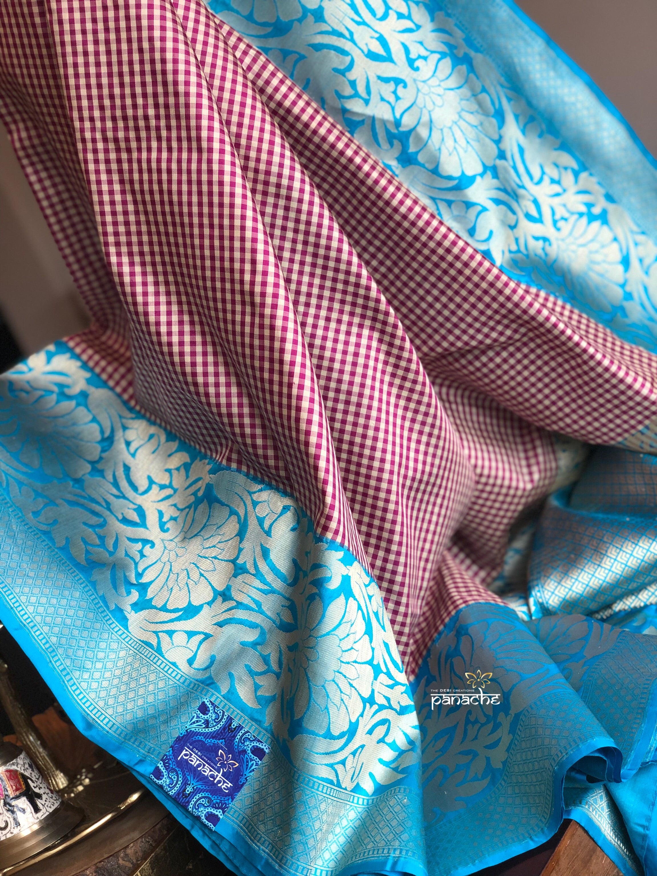 Katan Silk Banarasi - Off-white Purple Checks