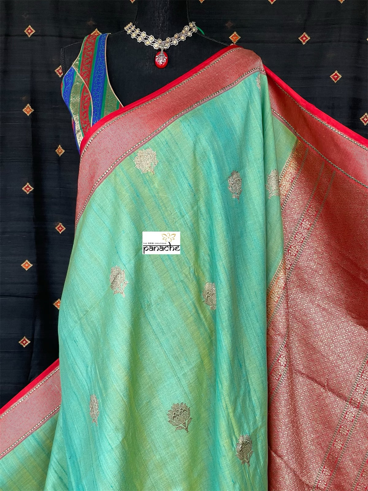 Pure Tassur Silk Banarasi - Sea Green Red