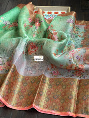 Tissue Kota Silk Printed - Green Orange Shaded