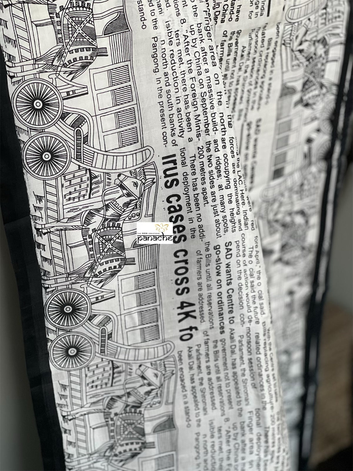 Pure Bishnupur Silk -  Offwhite Black Newspaper Printed