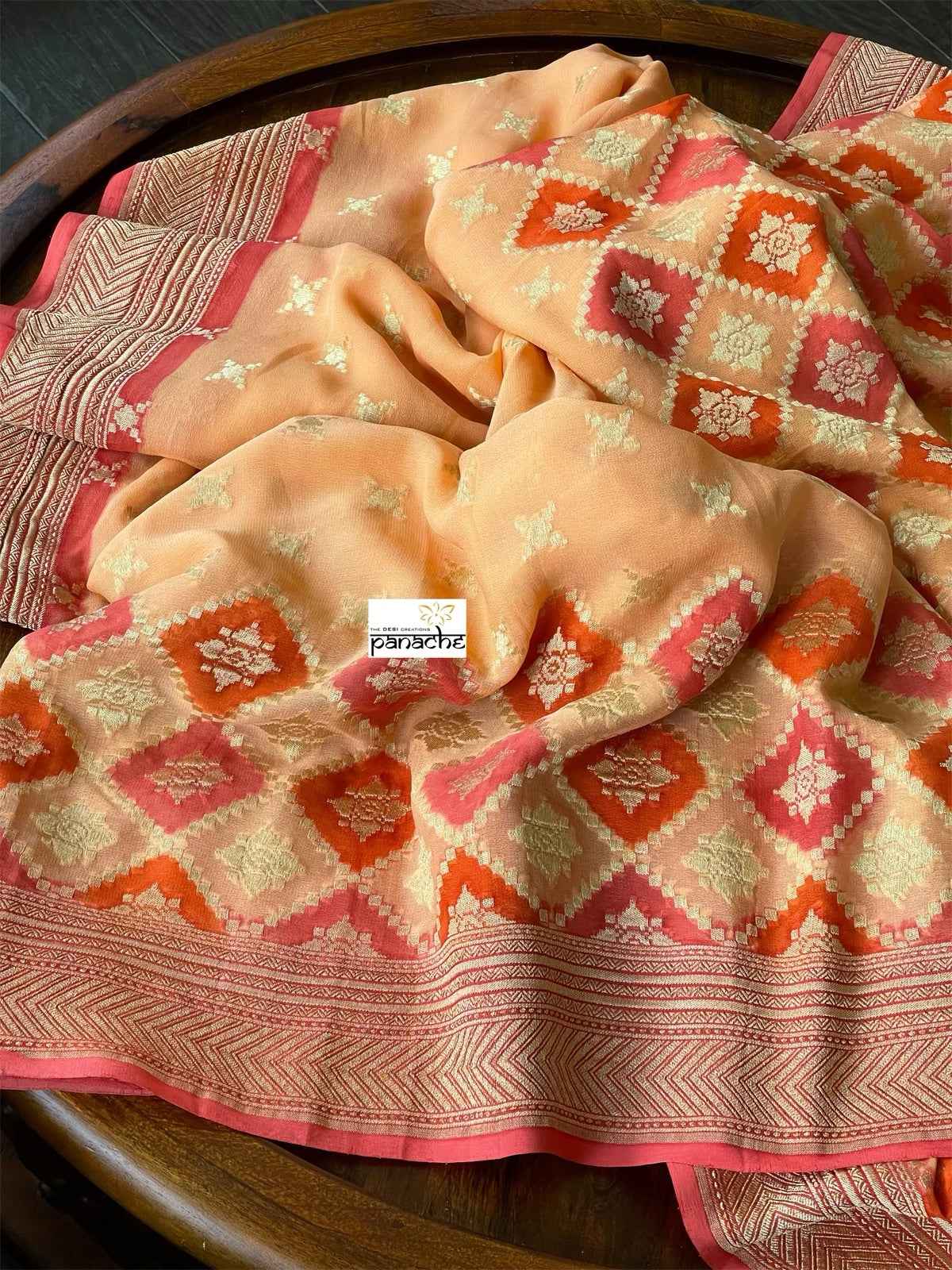 Khaddi Georgette Banarasi - Peach Meenakari