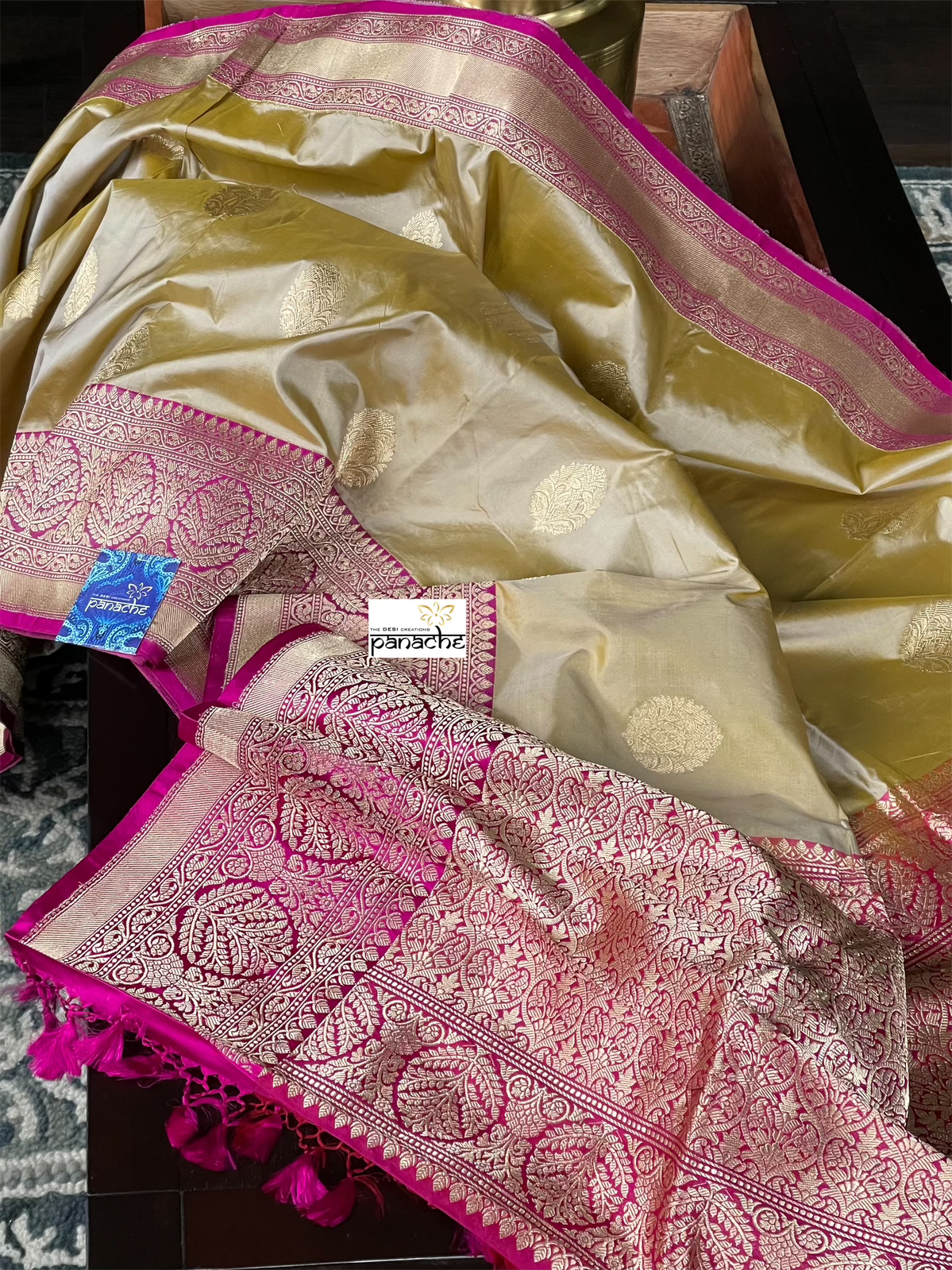 Pure Katan Silk Banarasi - Tan Gray Magenta