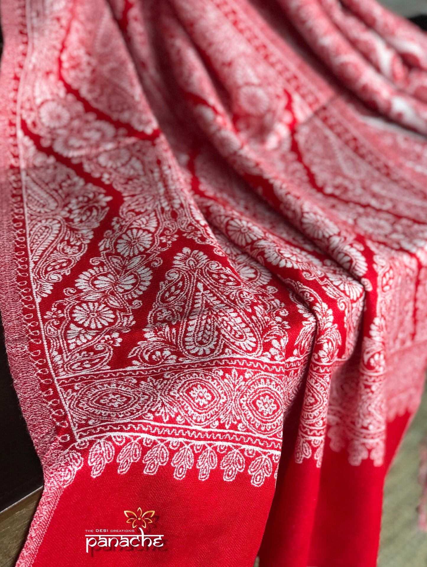 Jamavar Wool Stole - Red White Reversible