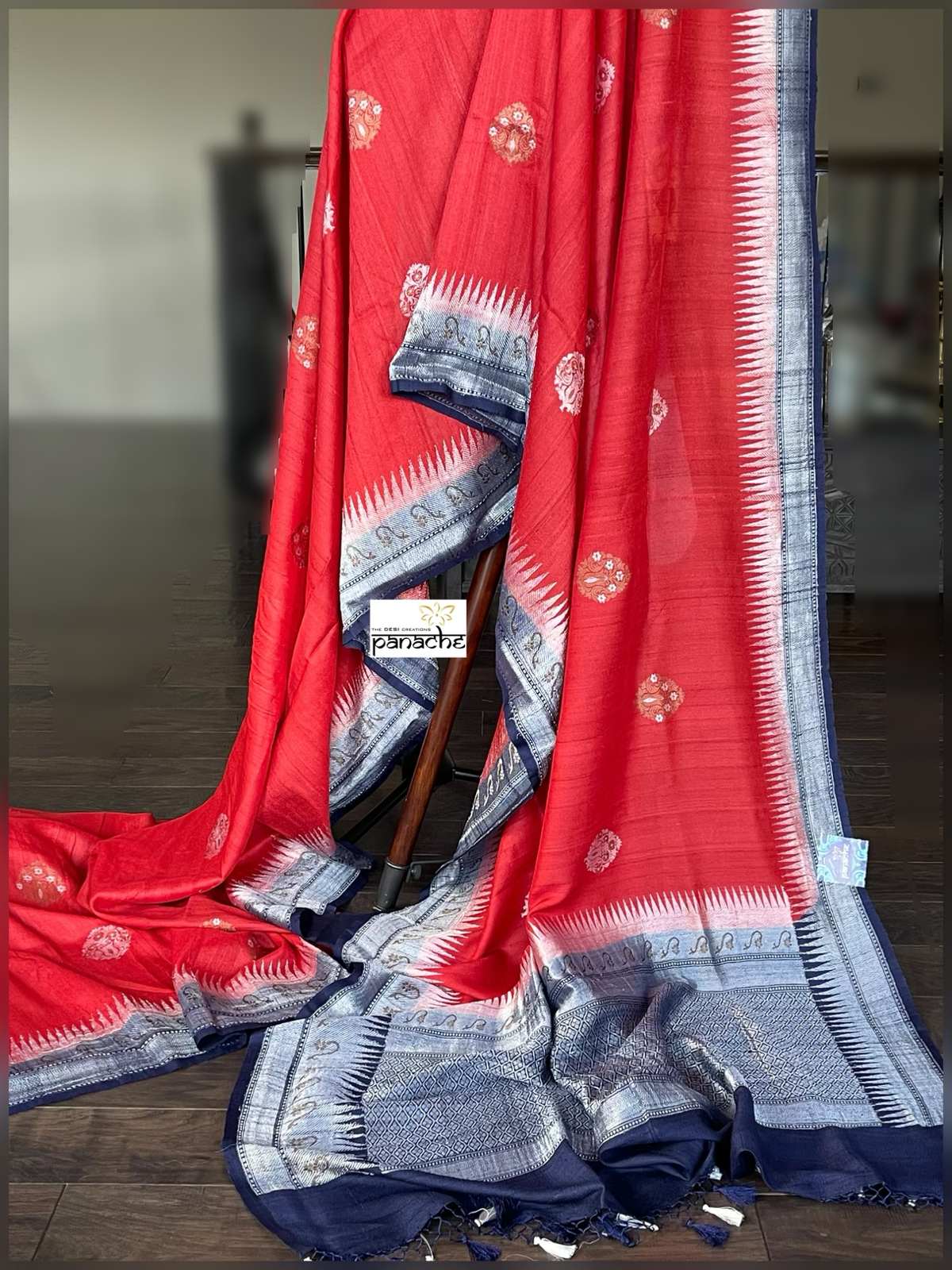 Tussar Georgette Banarasi - Red Navy Blue Kadwa