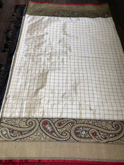 Pure Katan Silk Banarasi - Offwhite Black Checkered Kadwa Woven