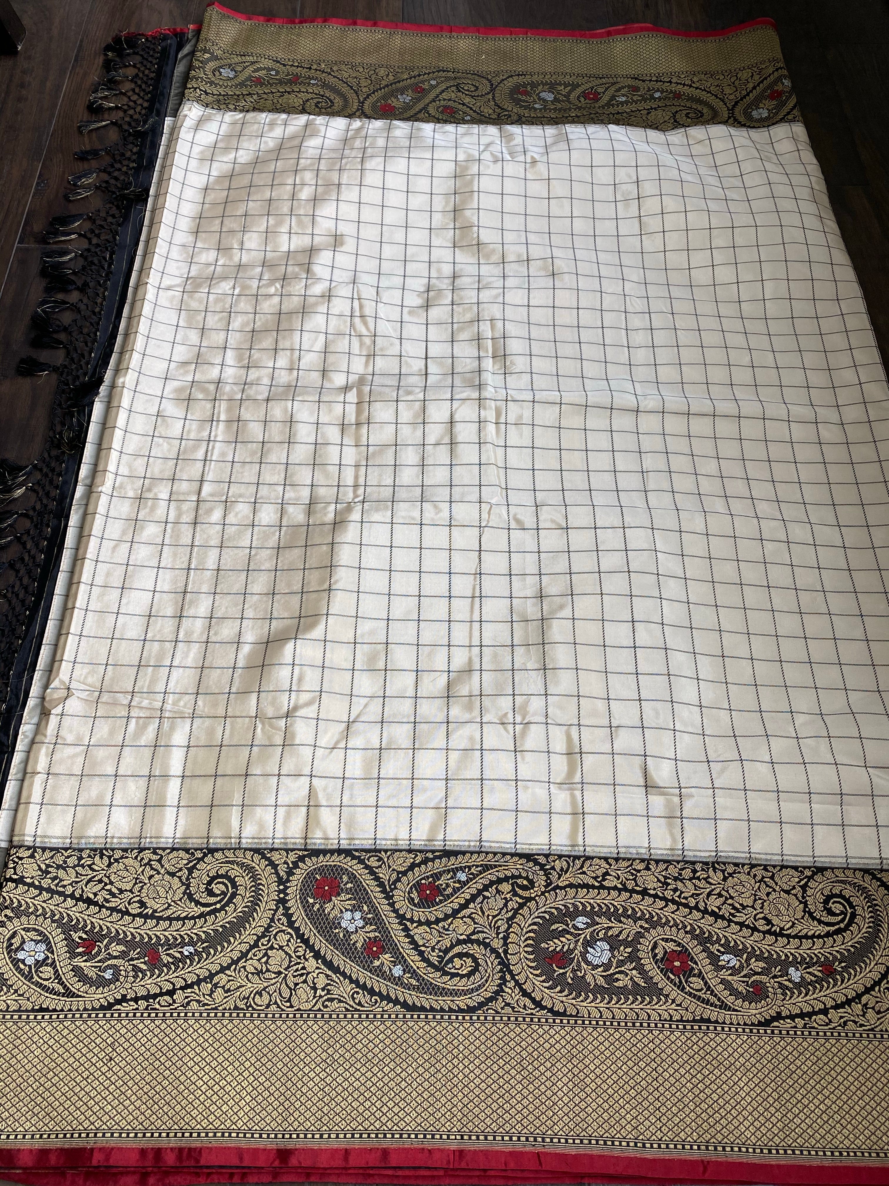 Pure Katan Silk Banarasi - Offwhite Black Checkered Kadwa Woven