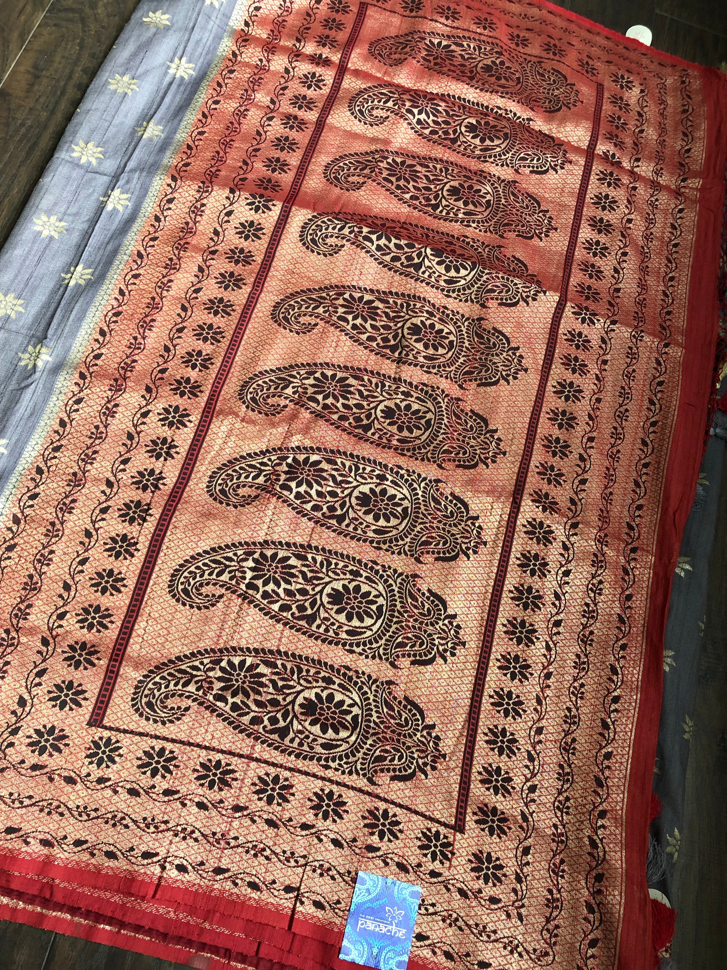 Tussar Georgette Banarasi- Grey Maroon Black