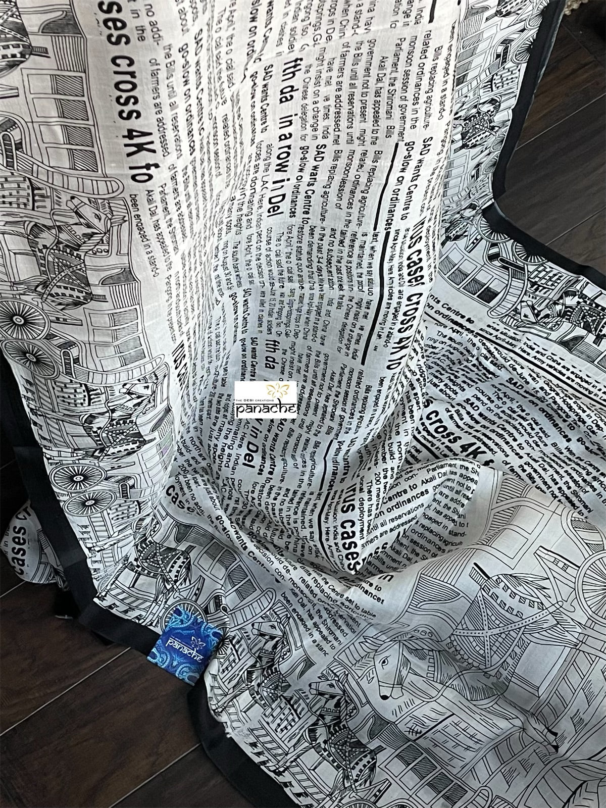 Pure Bishnupur Silk -  Offwhite Black Newspaper Printed