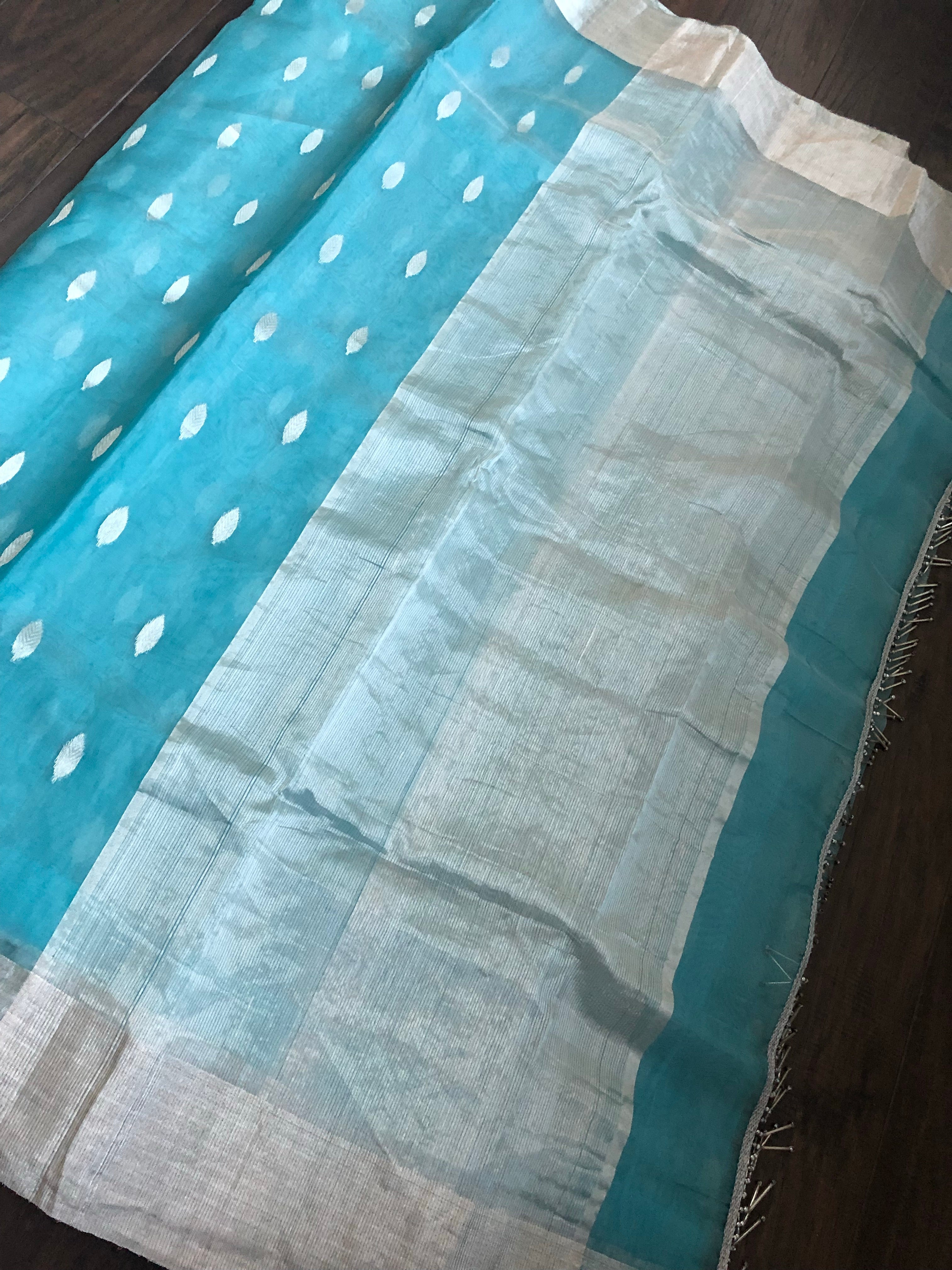 Chanderi Organza Silk - Light Blue Silver Zari