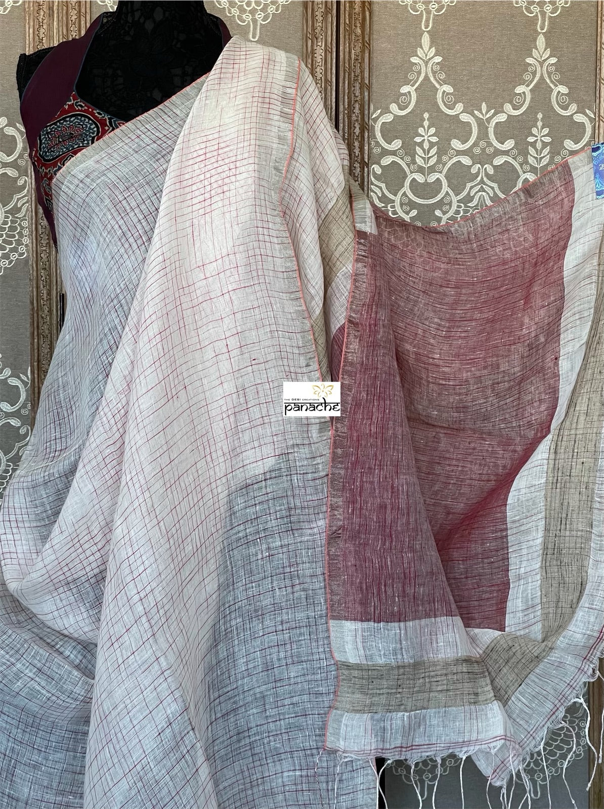 Linen Handloom - Off White Maroon Silver Zari