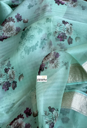 Banarasi Organza Floral - Mint Antique Golden Zari