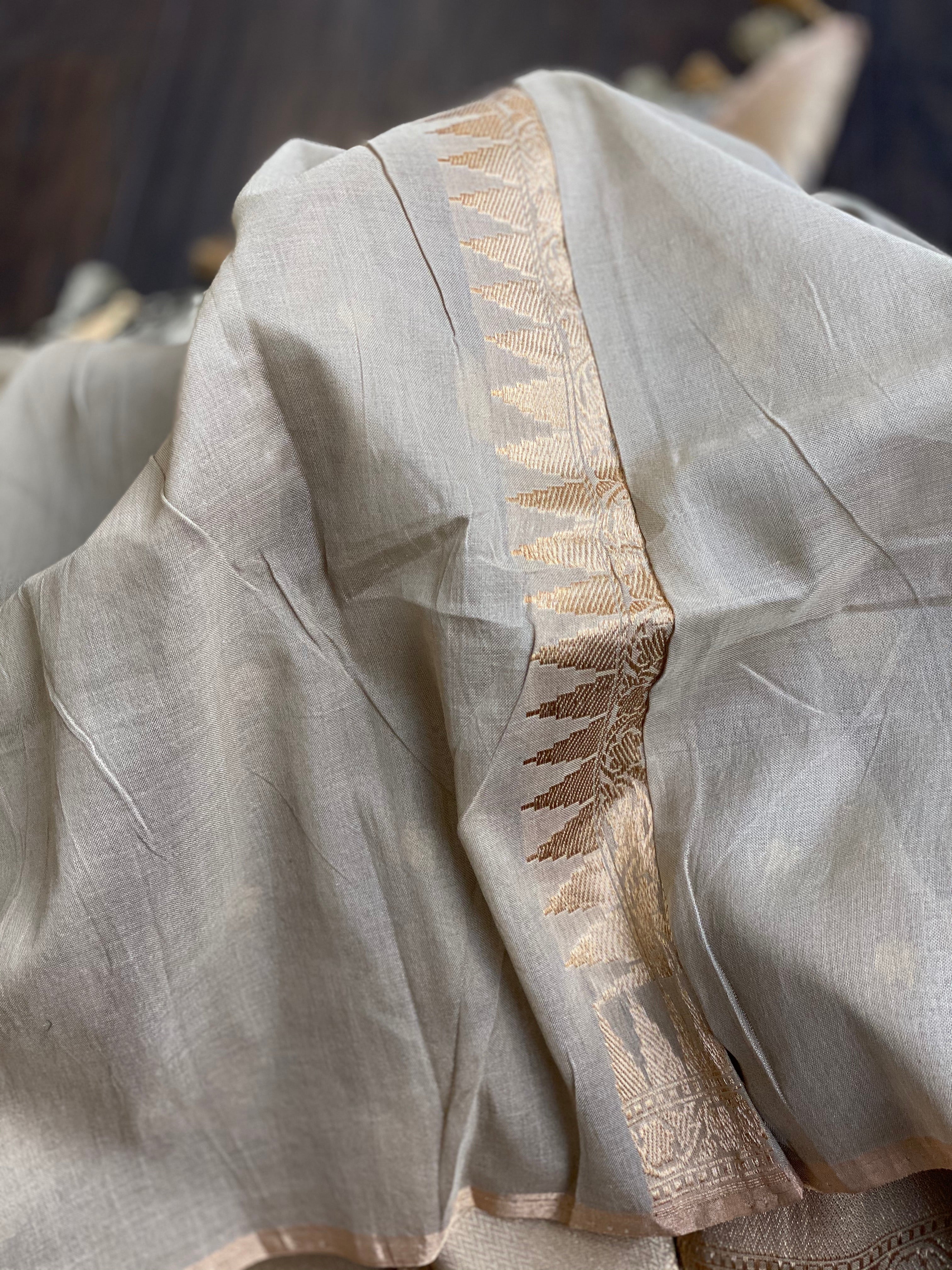 Malmal Cotton Banarasi - Beige Light Mocha Kadwa Zari Woven