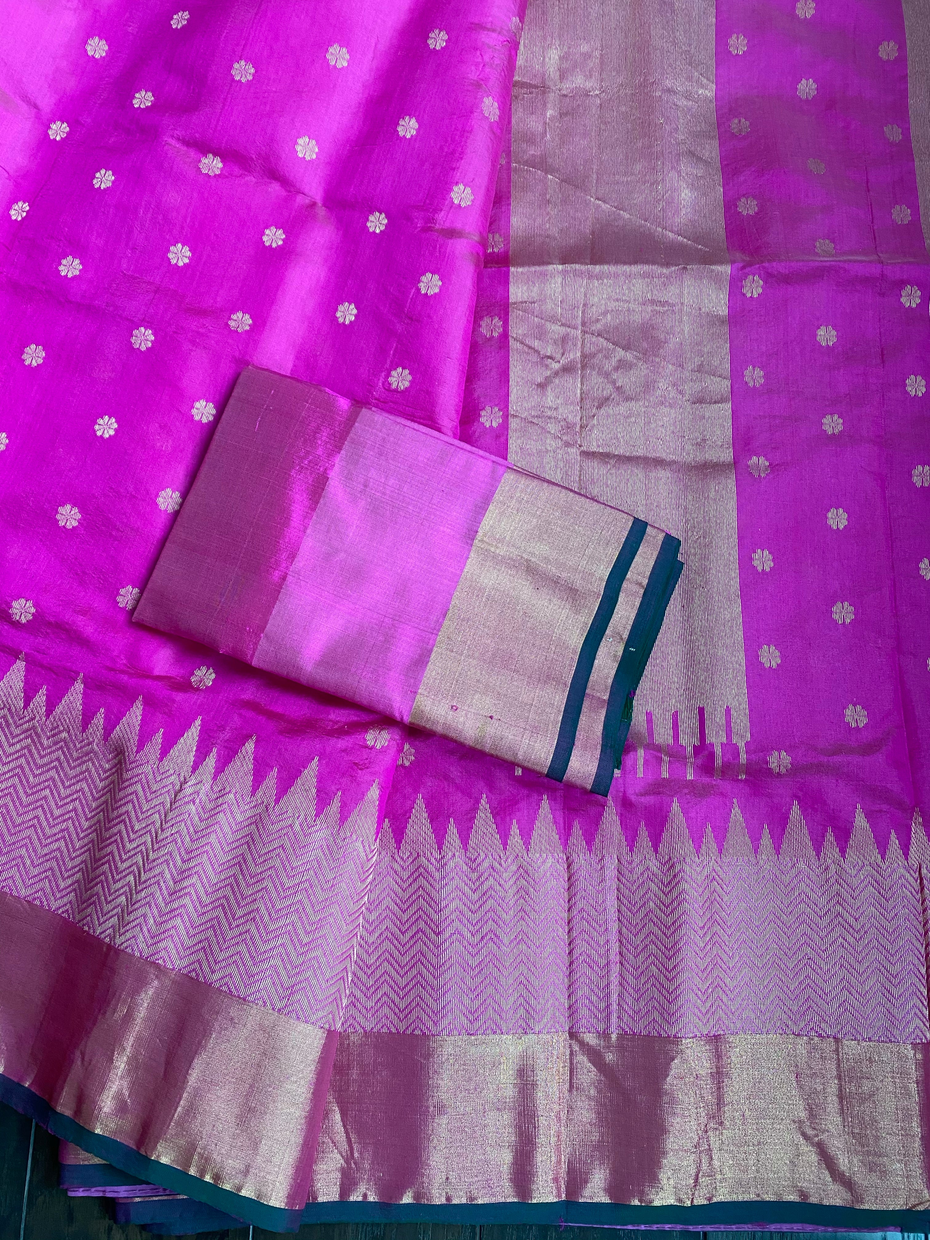 Pure Chanderi Pattu Silk - Magenta Pink Green Golden Silver Zari Woven