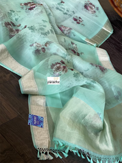Banarasi Organza Floral - Mint Antique Golden Zari