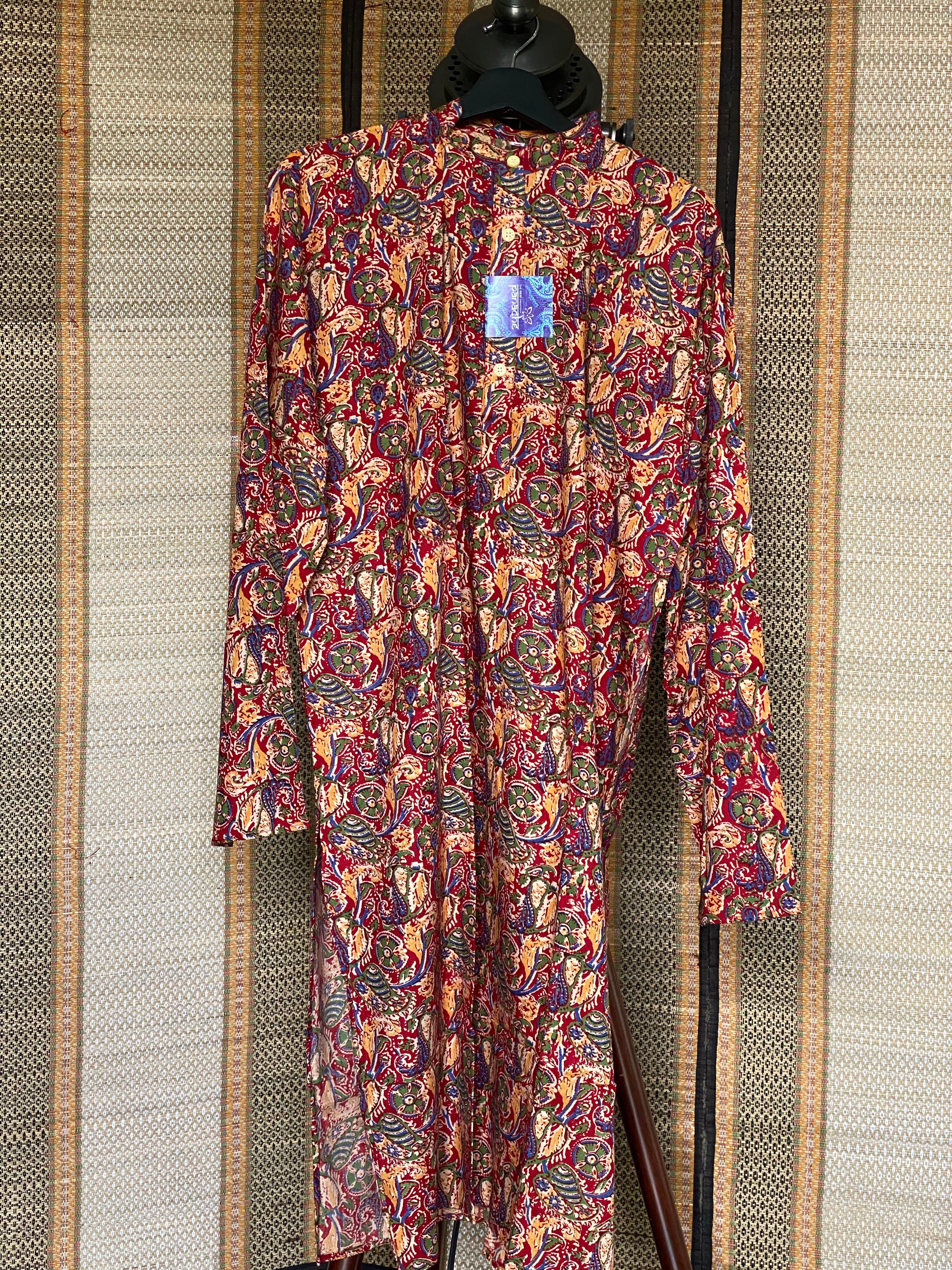 Cotton Silk Kalamkari Kurta Men - Red Yellow Blue XL 42