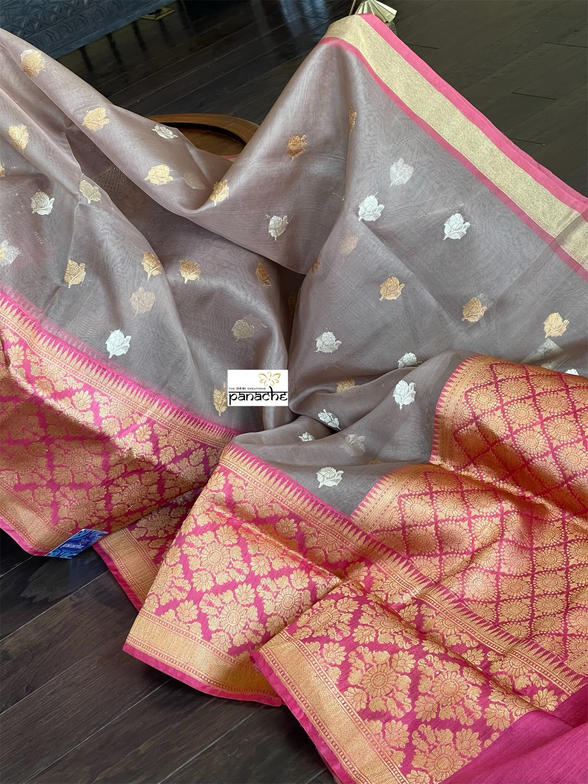 CREAM WITH ORANGE & PURPLE - PURE BANARASI HANDLOOM KORA SILK