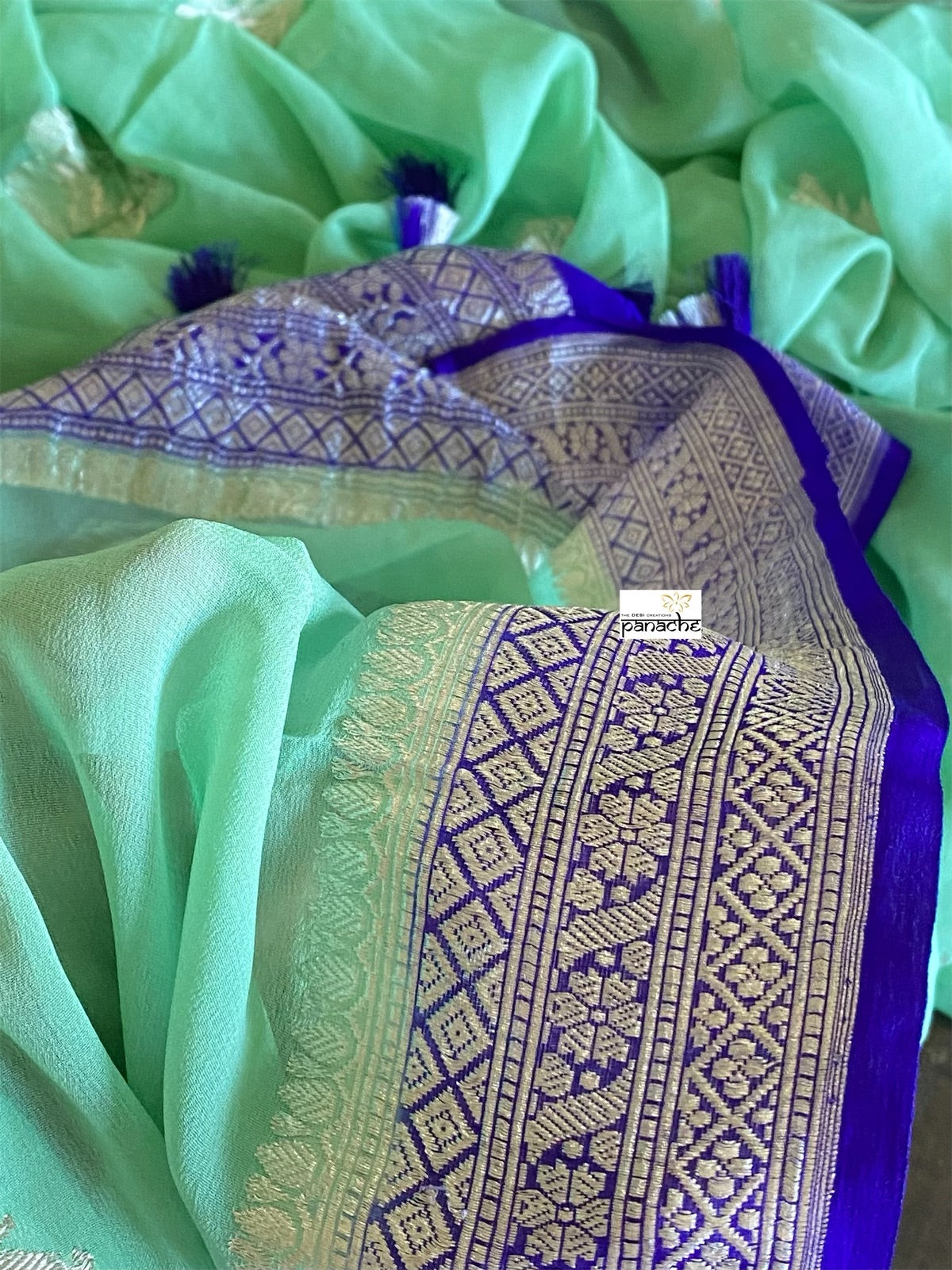 Chiffon Georgette Silk Banarasi - Mint Green Purplish blue