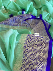 Chiffon Georgette Silk Banarasi - Mint Green Purplish blue