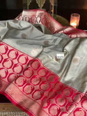 Pure Katan Silk Banarasi - Grey Red