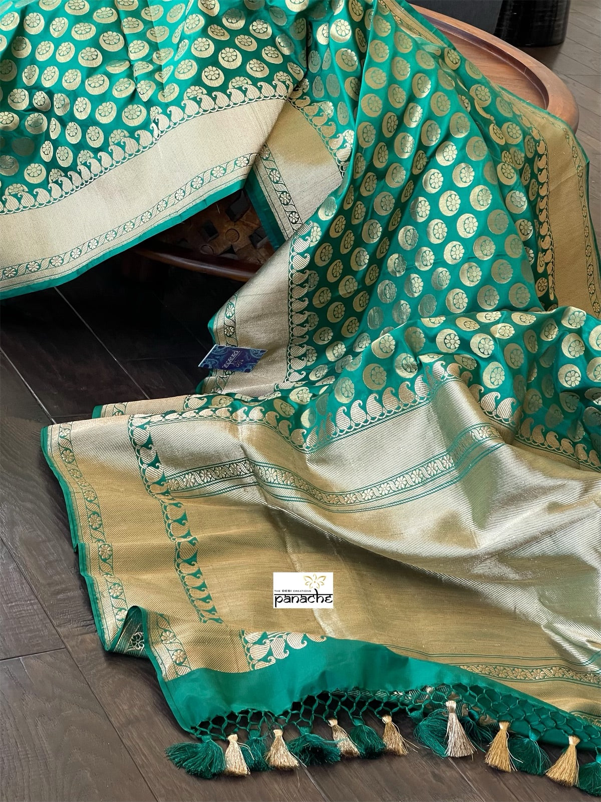 Pure Silk Banarasi - Teal Green Chand Buta Antique Golden Zari