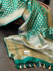 Pure Silk Banarasi - Teal Green Chand Buta Antique Golden Zari