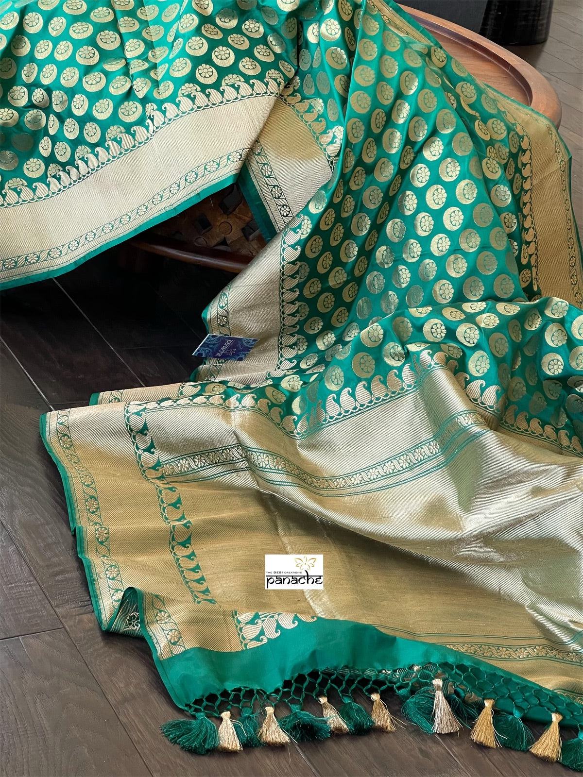 Pure Silk Banarasi - Teal Green Chaand Butta Antique Golden Zari