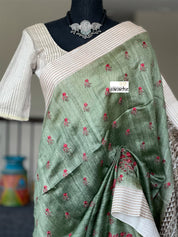 Tussar Silk - Moss Green Embroidered