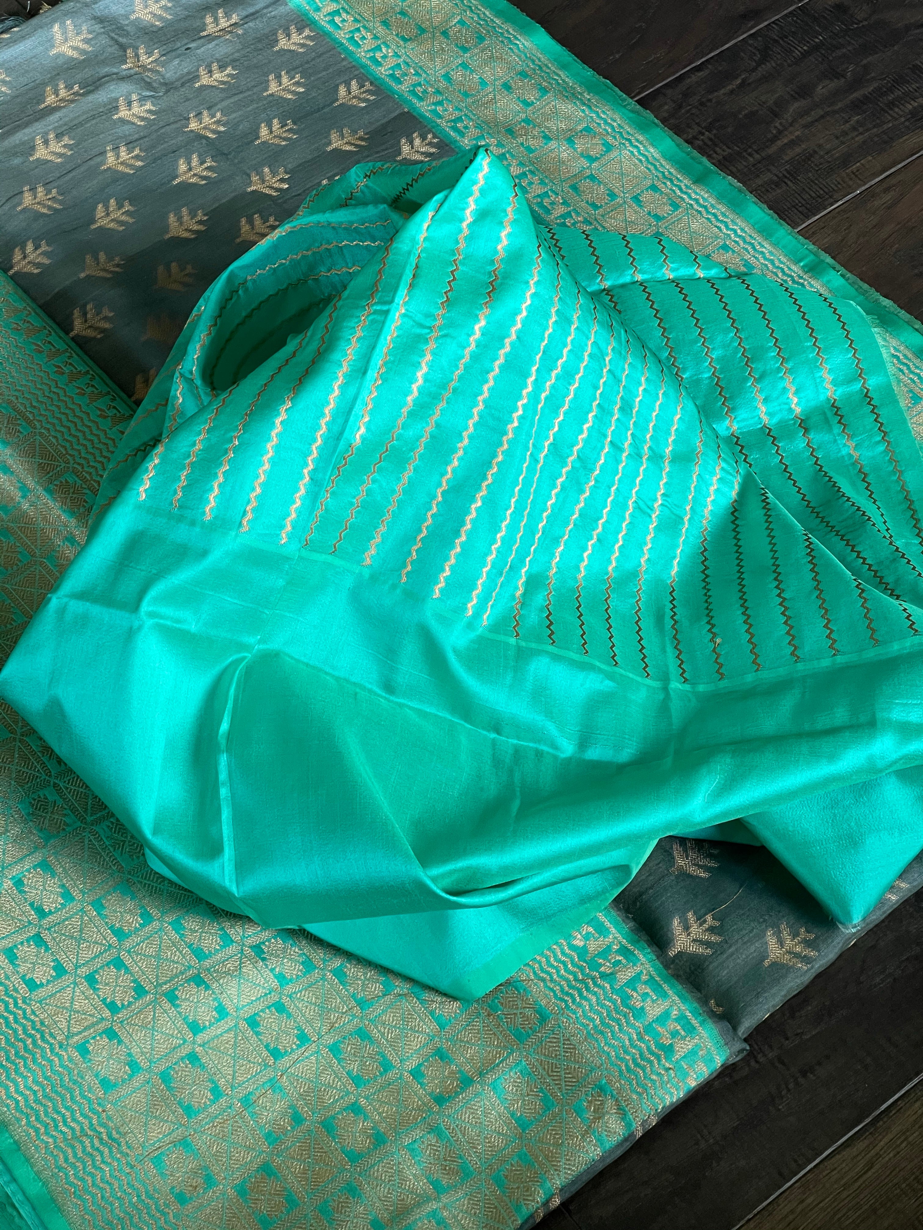 Pure Tassur Silk Banarasi - Grey Sea Green