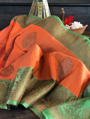 Tussar Silk Banarsi - Orange Green