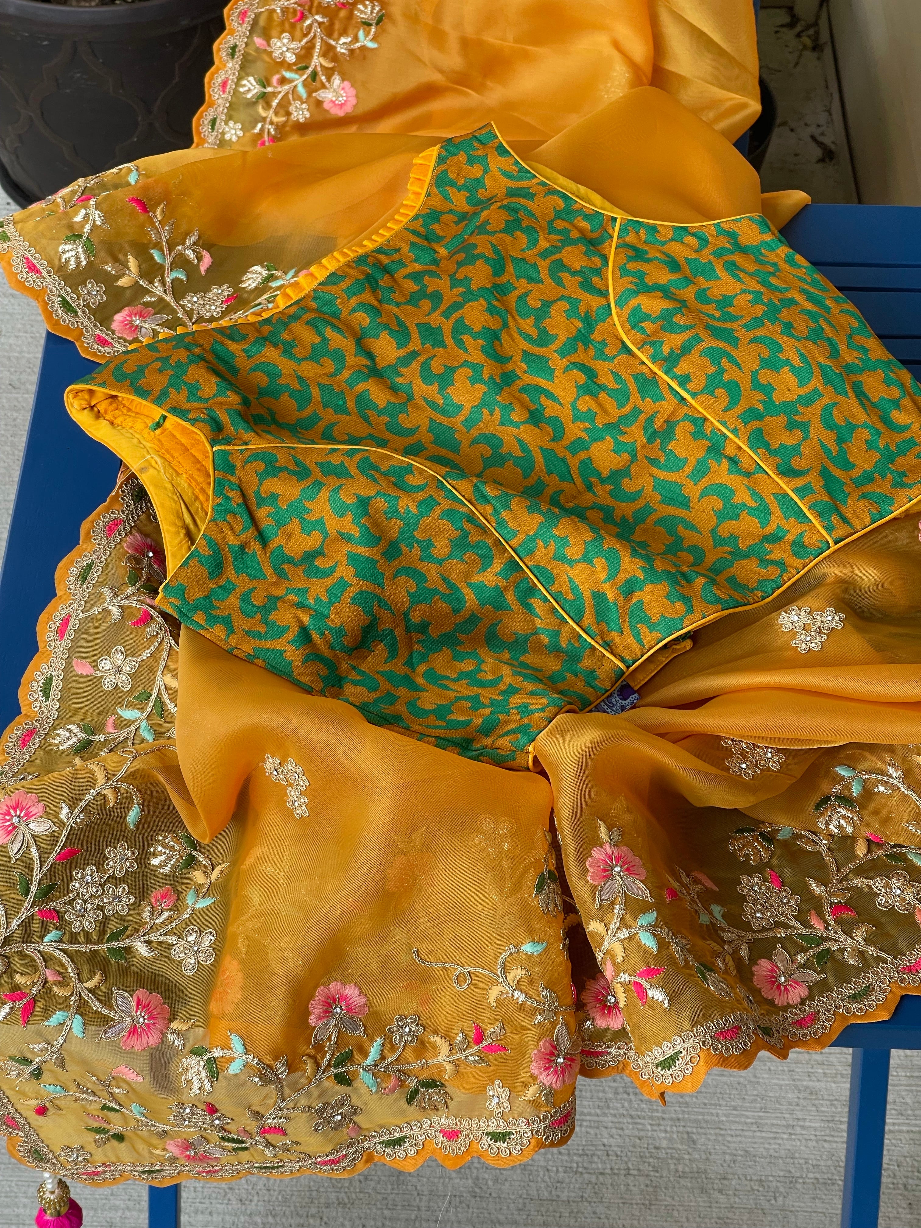 Designer Blouse - Orange Green