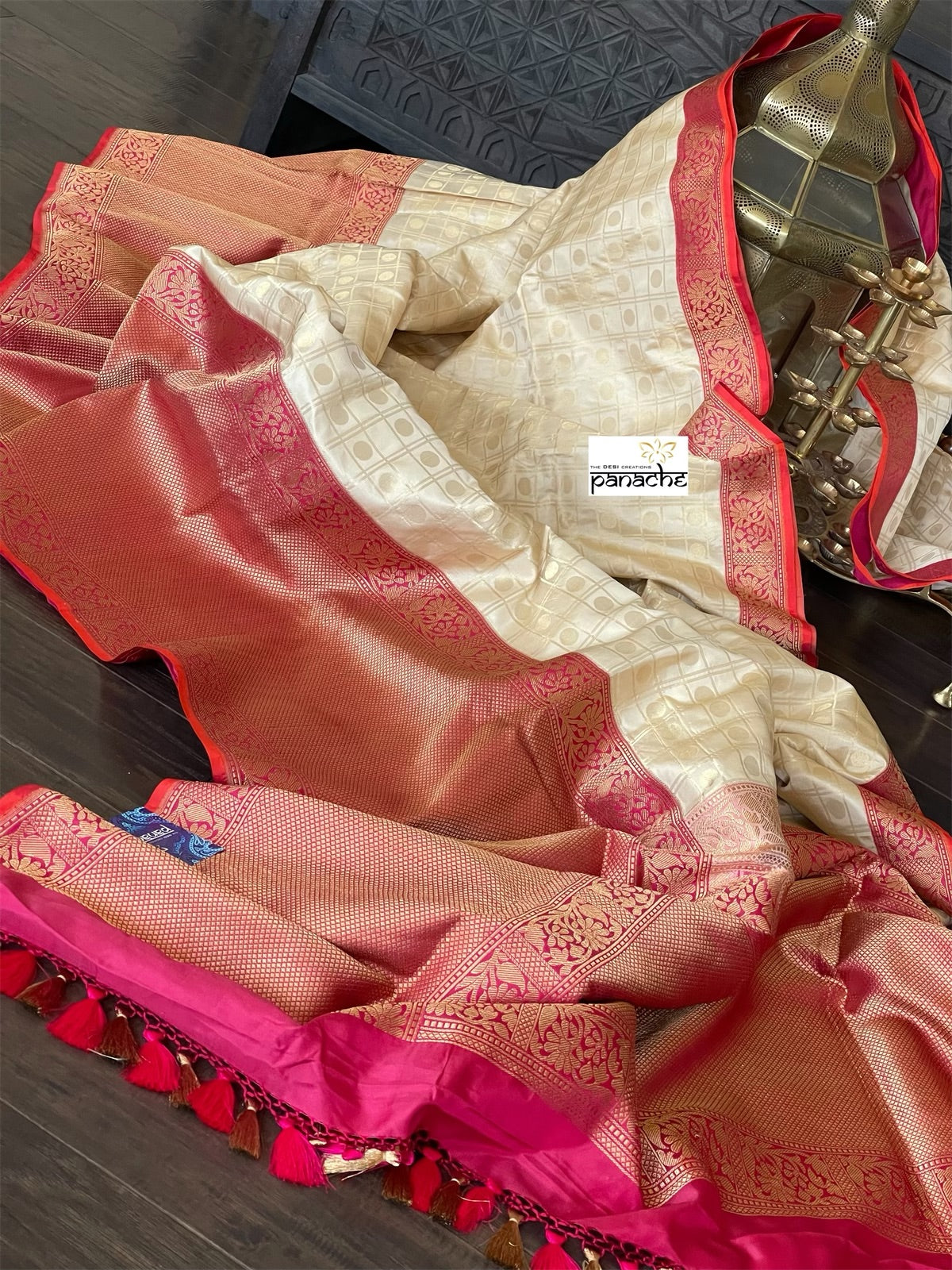 Pure Katan Silk Checkered Banarasi - Golden Beige Magenta Red Kadwa woven