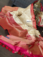 Pure Katan Silk Checkered Banarasi - Golden Beige Magenta Red Kadwa woven