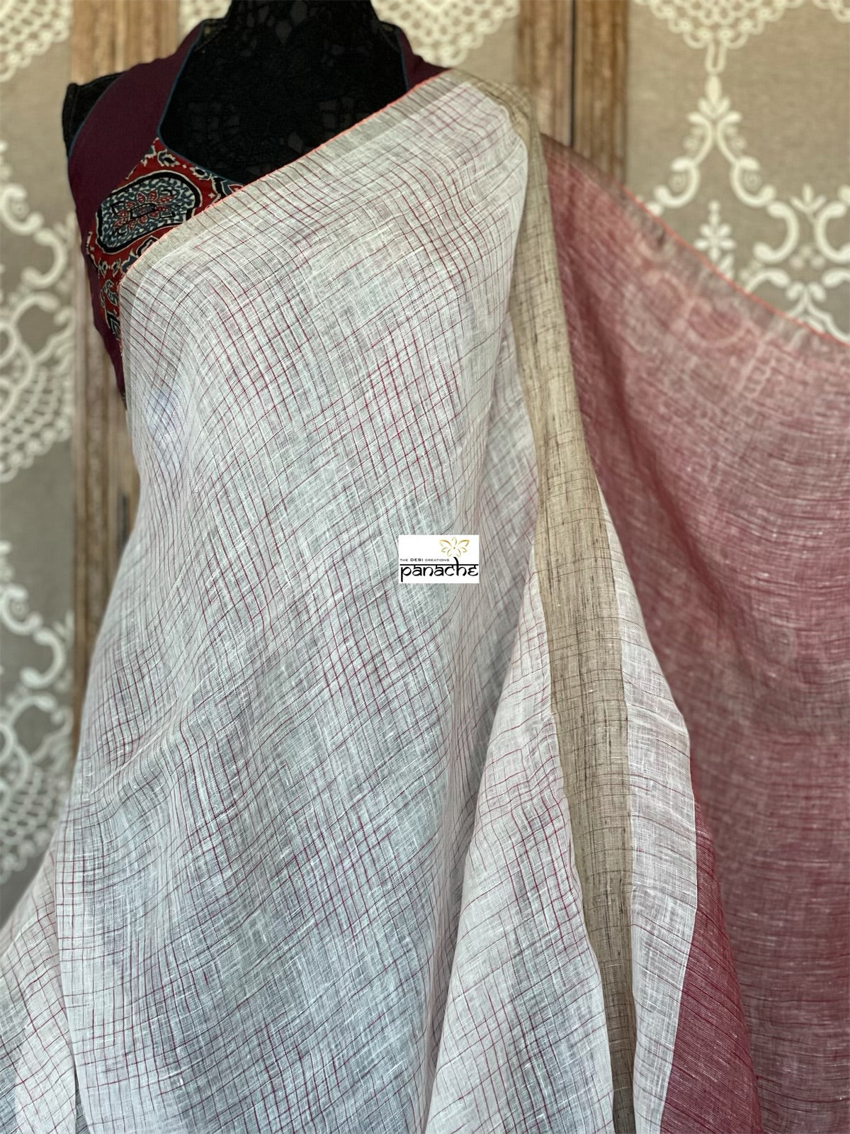 Linen Handloom - Off White Maroon Silver Zari