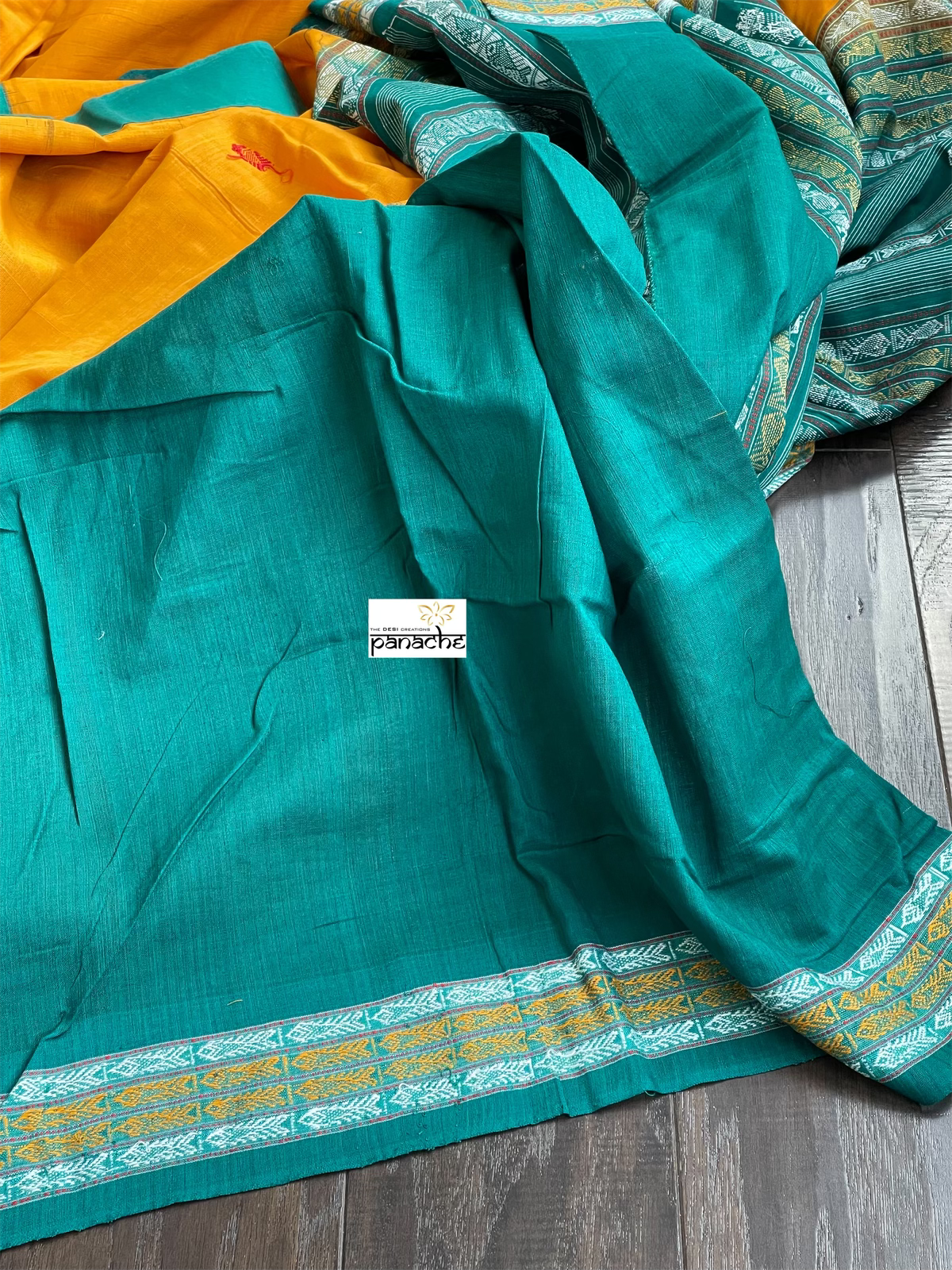 Pure Habaspuri Cotton Handloom - Golden Yellow Teal Green